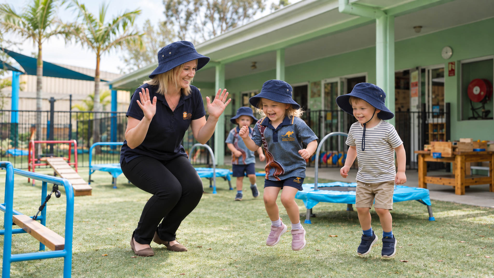 An educator encouraging children as they move and explore outdoors