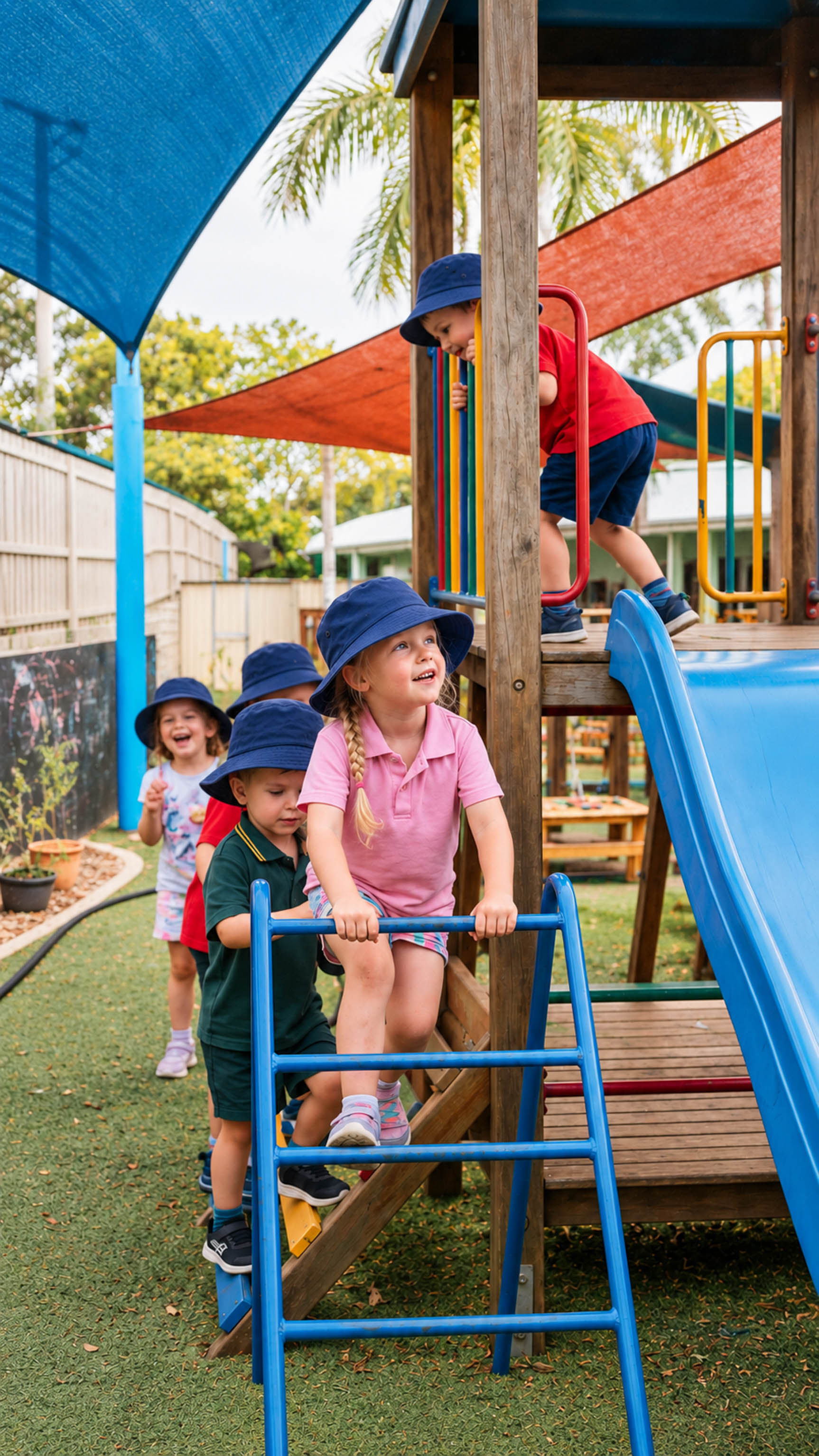 Children climbing and playing on outdoor playground equipment