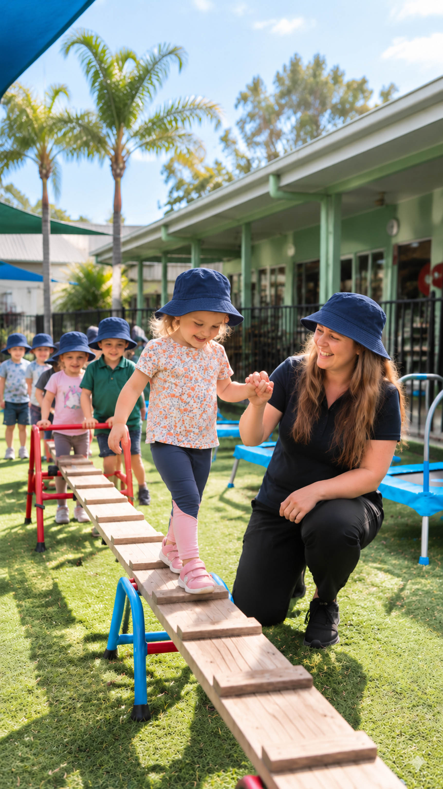An educator supporting a child as they practise balancing