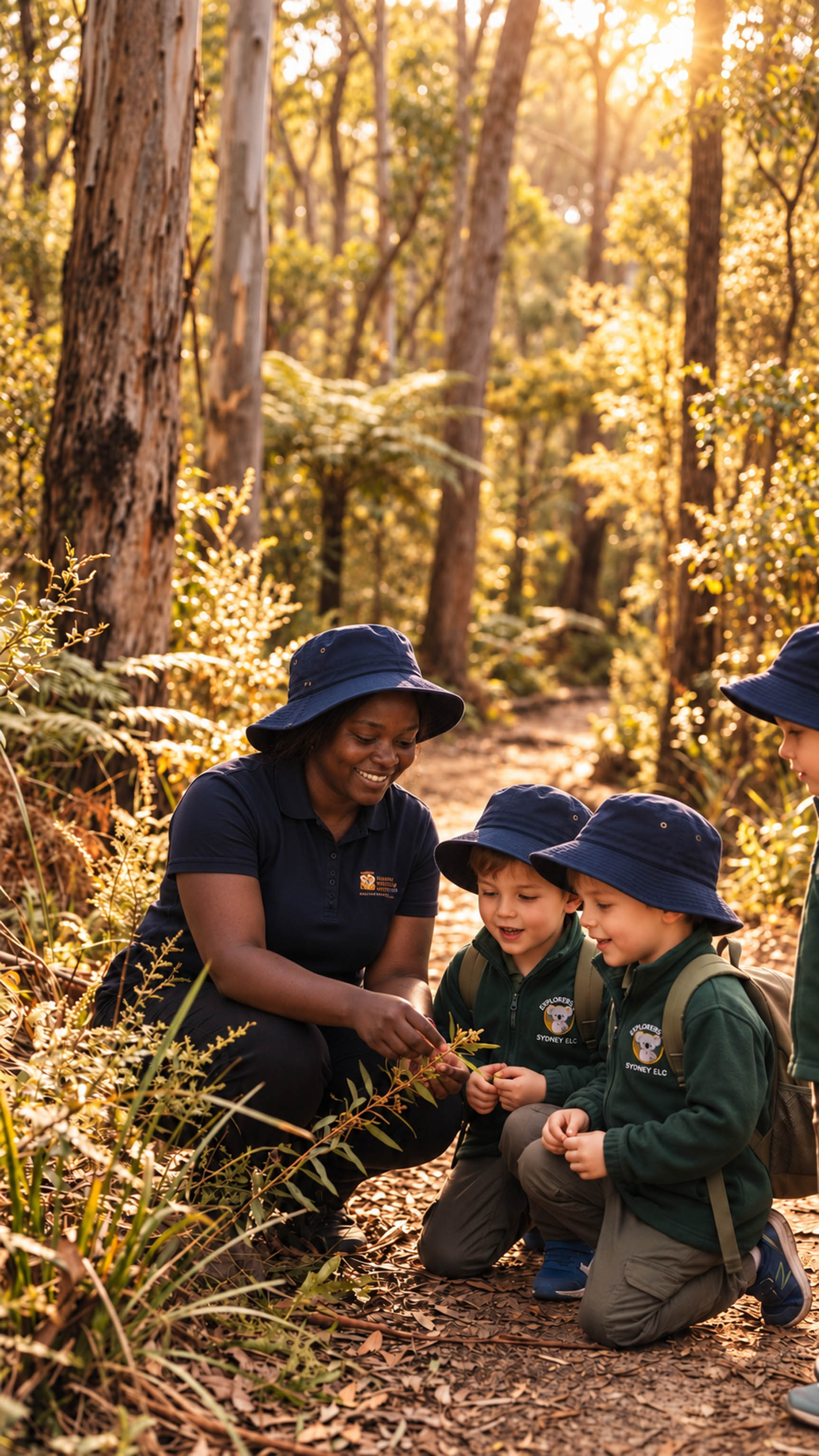 An educator and child exploring the woodland floor