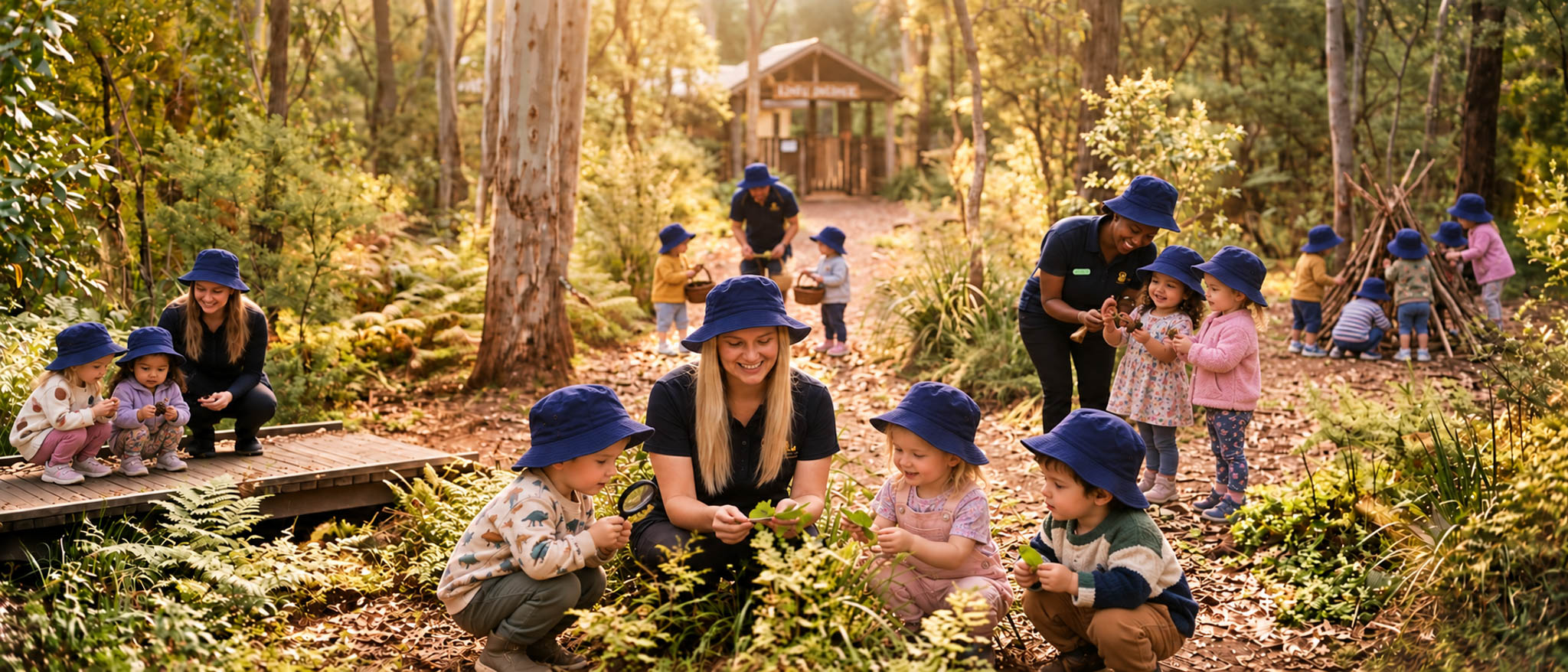 Small groups of children exploring a leafy woodland with their educators