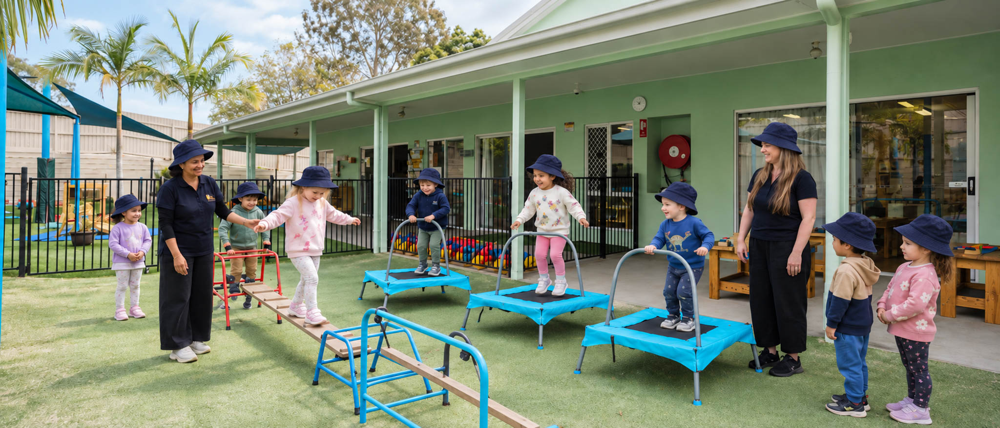 Children and educators enjoying balance beams and trampolines in the garden