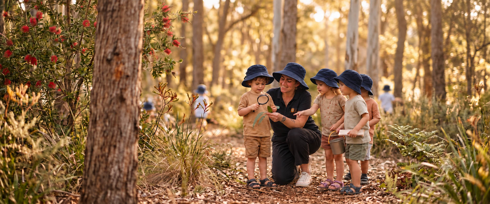 Children exploring a leafy outdoor environment together