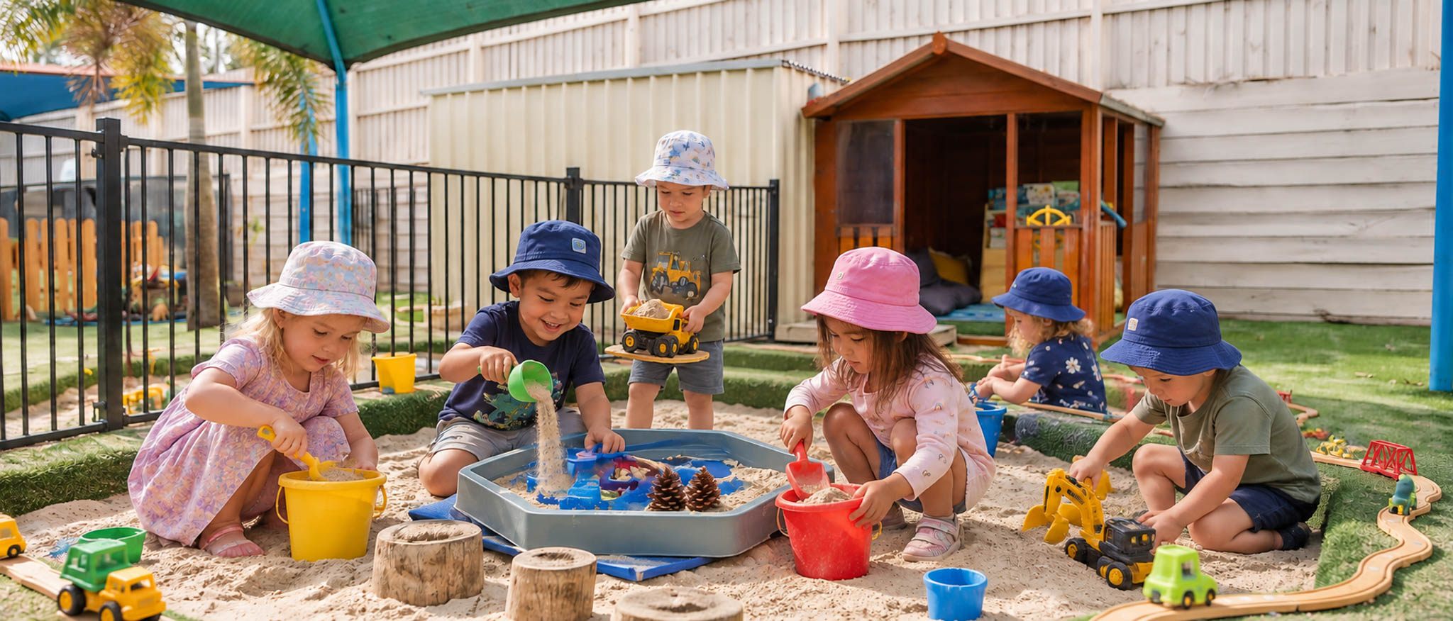 Children playing together at an outdoor sand and water table