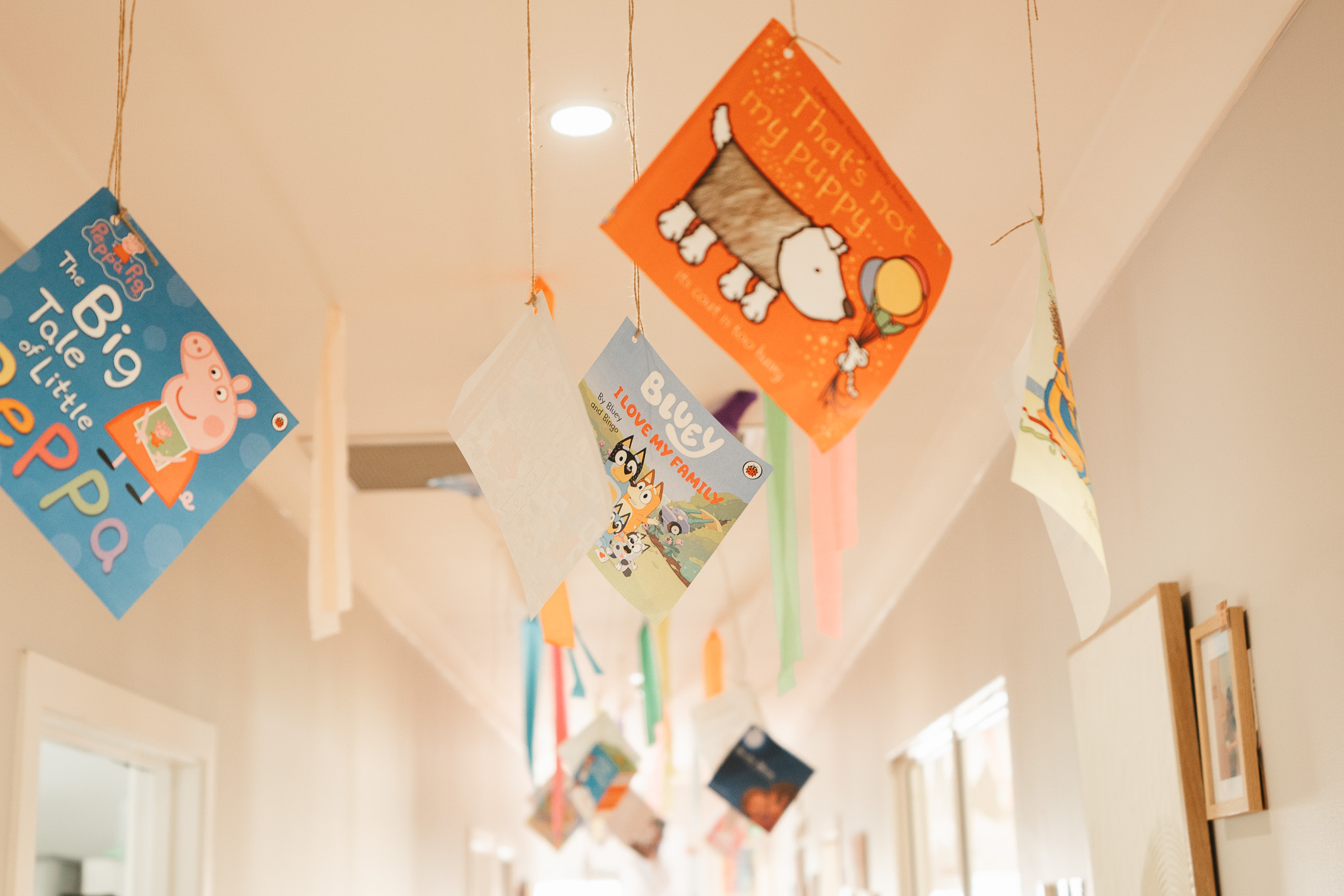 Colourful picture books hanging above a learning space