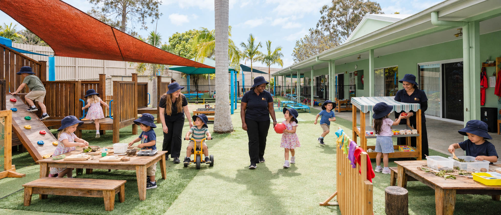 Children enjoying the garden, slide, sandpit and outdoor play equipment