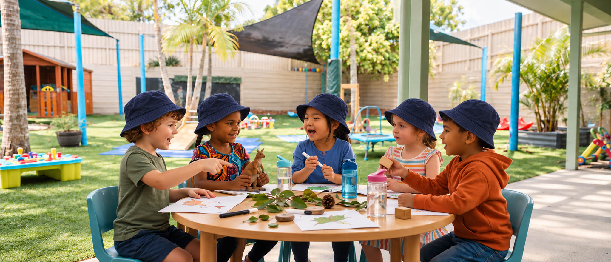 Children enjoying a meal together in the outdoor learning space