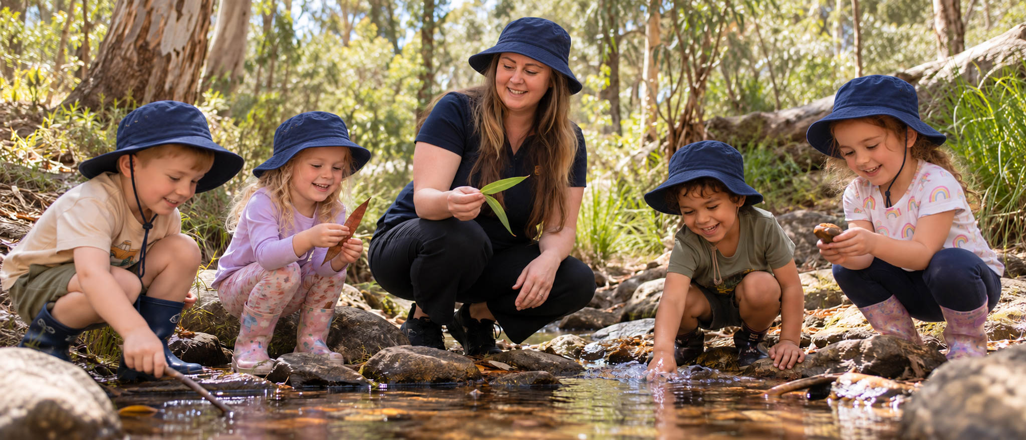 Children exploring a natural outdoor play space with their educators