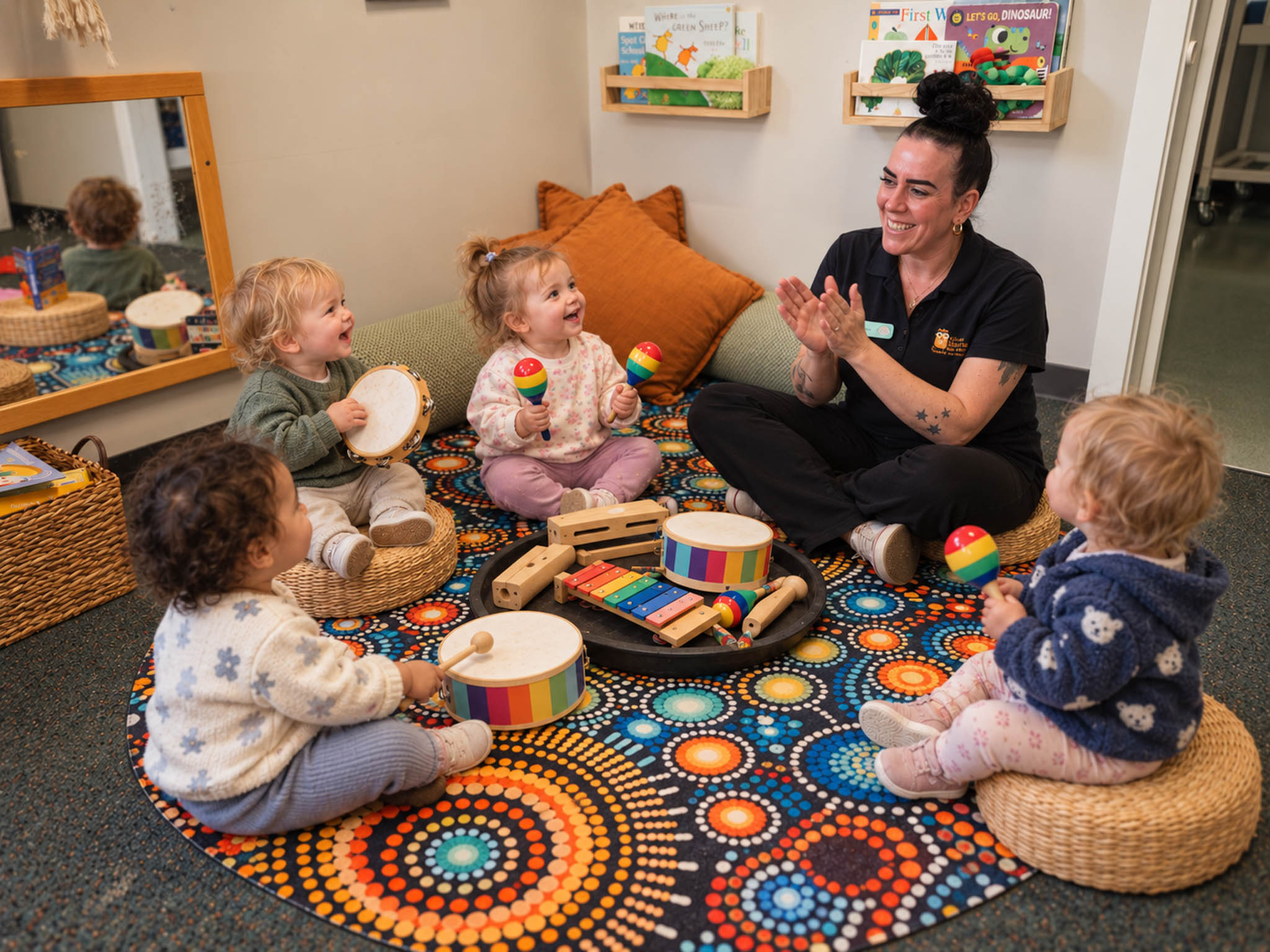 An educator and children making music with percussion instruments