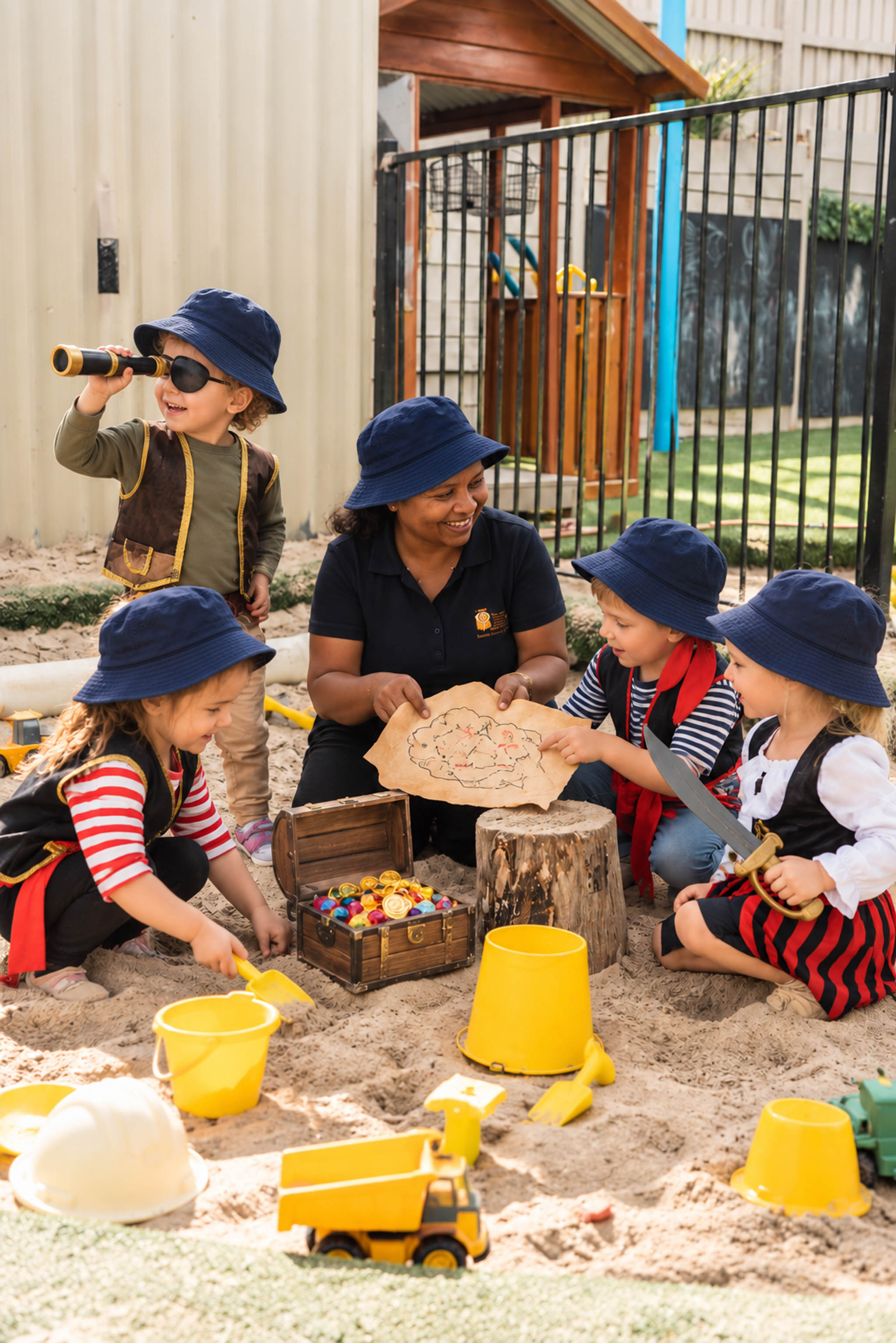 Children enjoying imaginative play with their educator outdoors