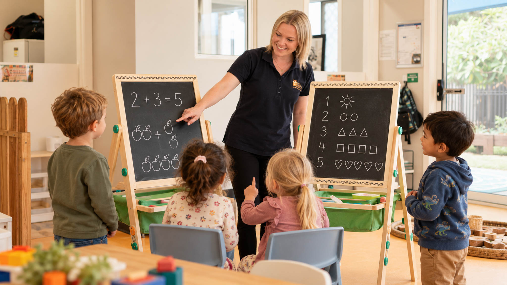 Children meeting their teacher in a primary school classroom