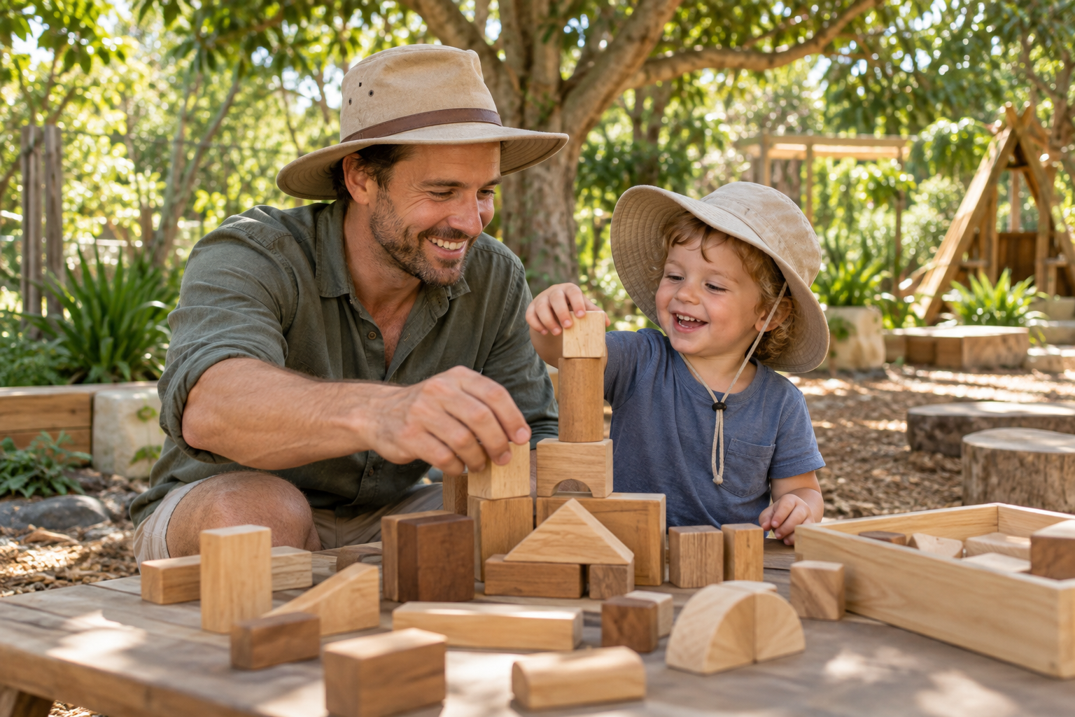 Illustrative father and son wearing broad-brim hats and playing with wooden blocks outdoors