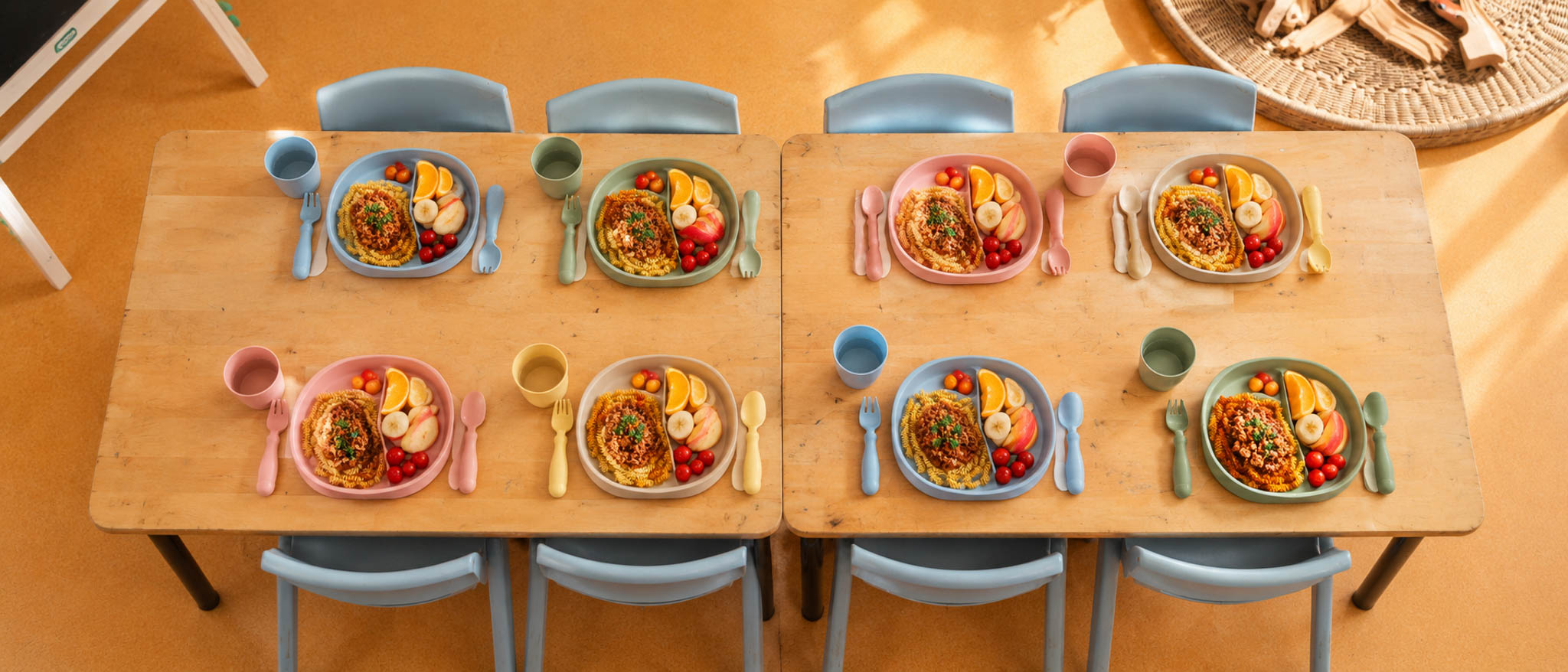 Fresh, colourful lunches laid out on a welcoming classroom dining table