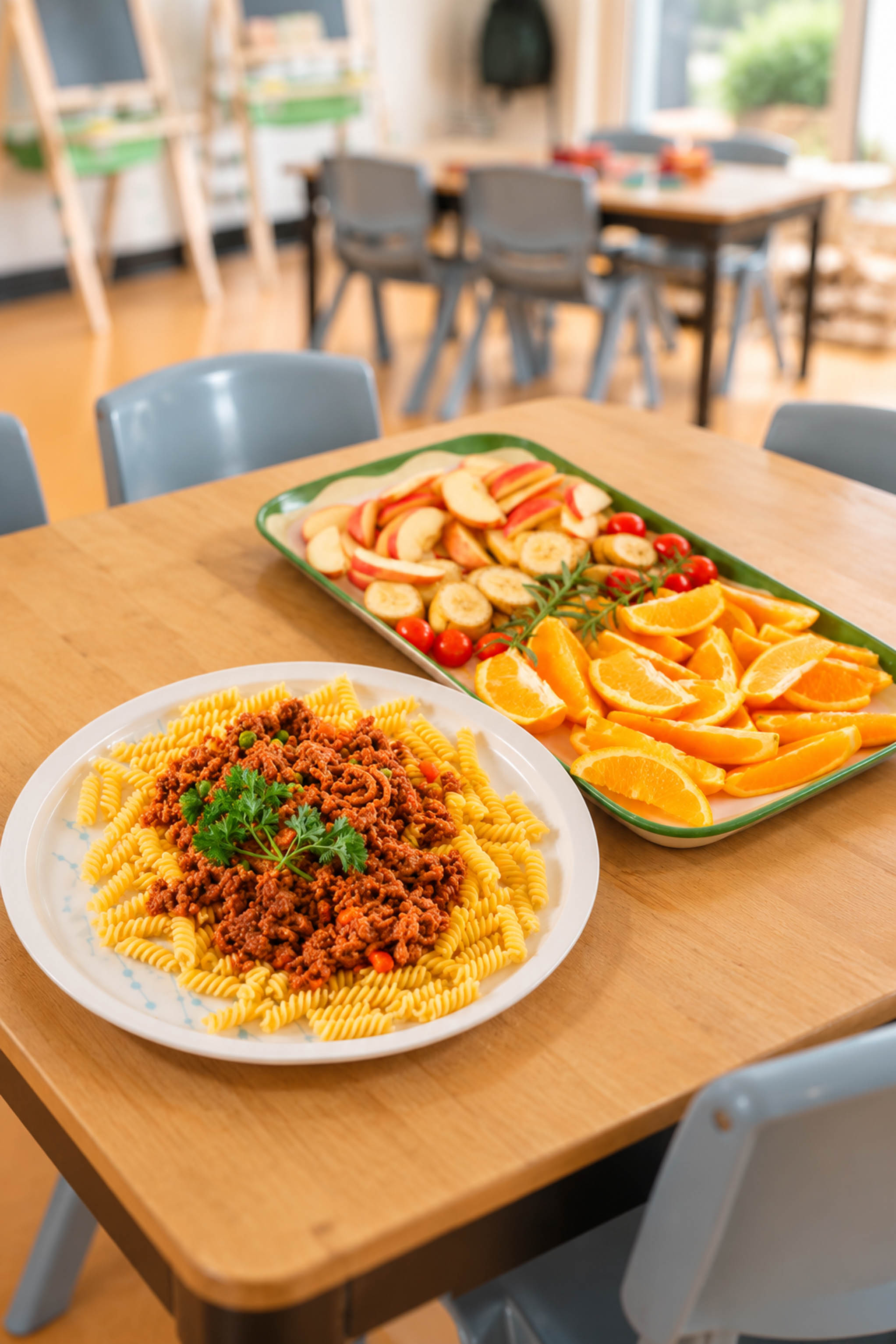 Fresh fruit and a colourful meal prepared with seasonal ingredients