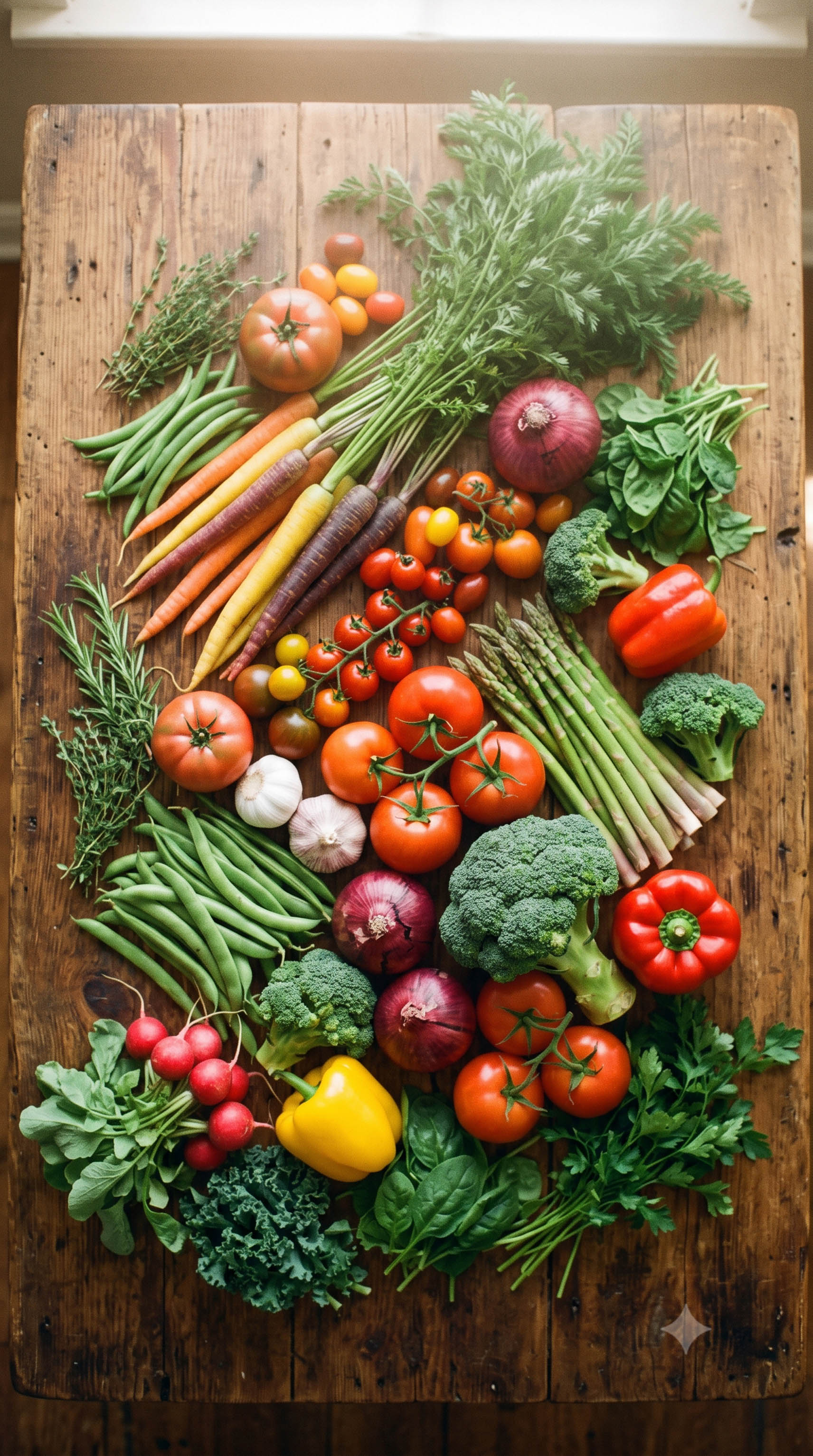 An assortment of fresh seasonal vegetables on a wooden table