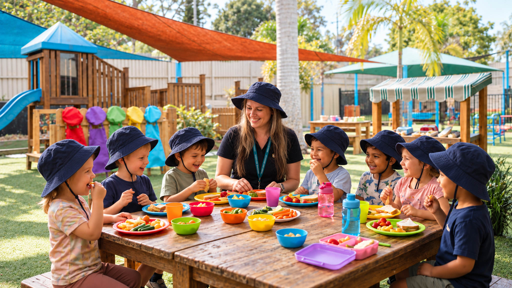 Children and their educator sharing lunch and conversation outdoors