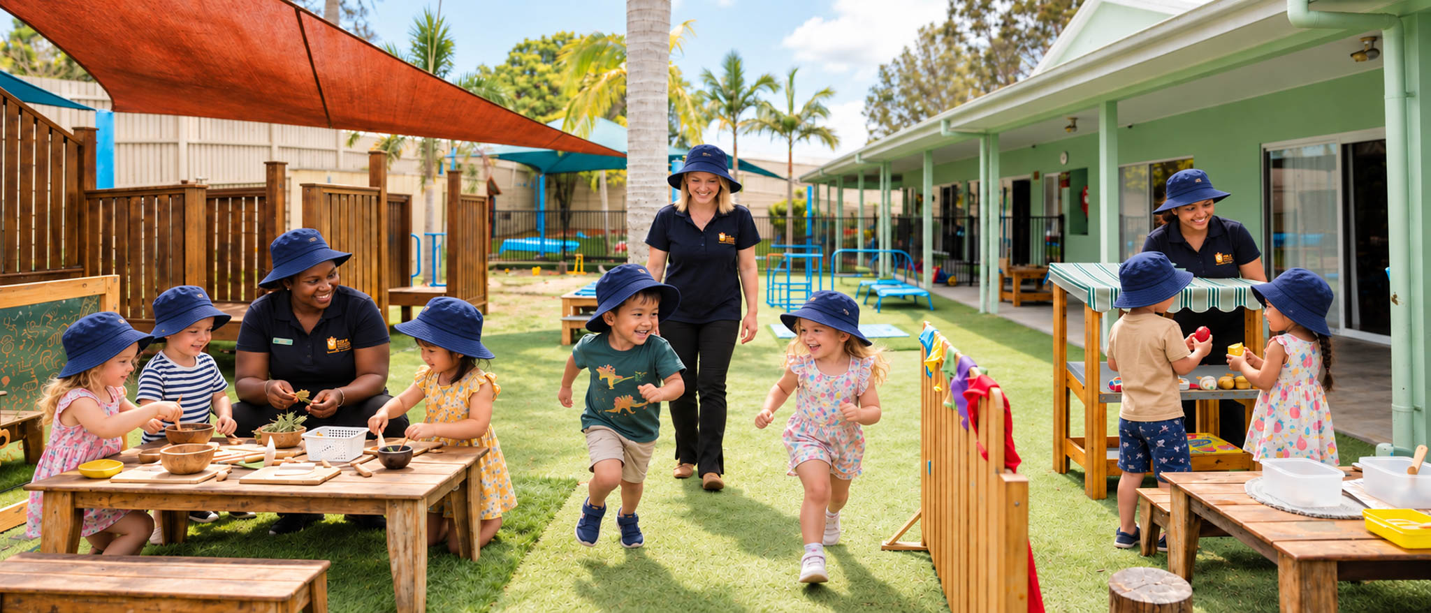 Educators supporting children across a bright, spacious learning room
