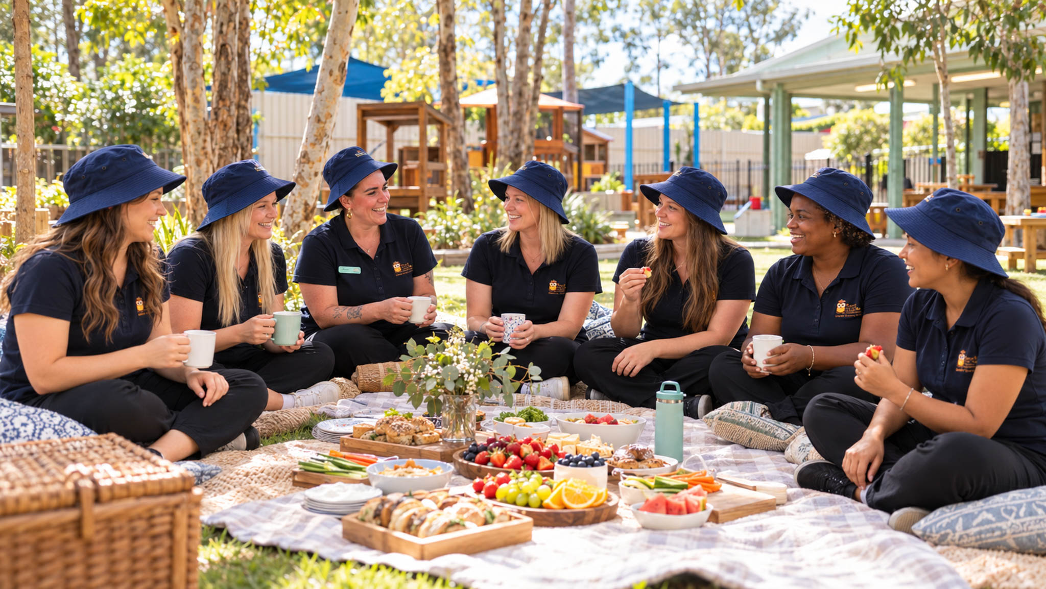 Our team sharing a meal and conversation outdoors