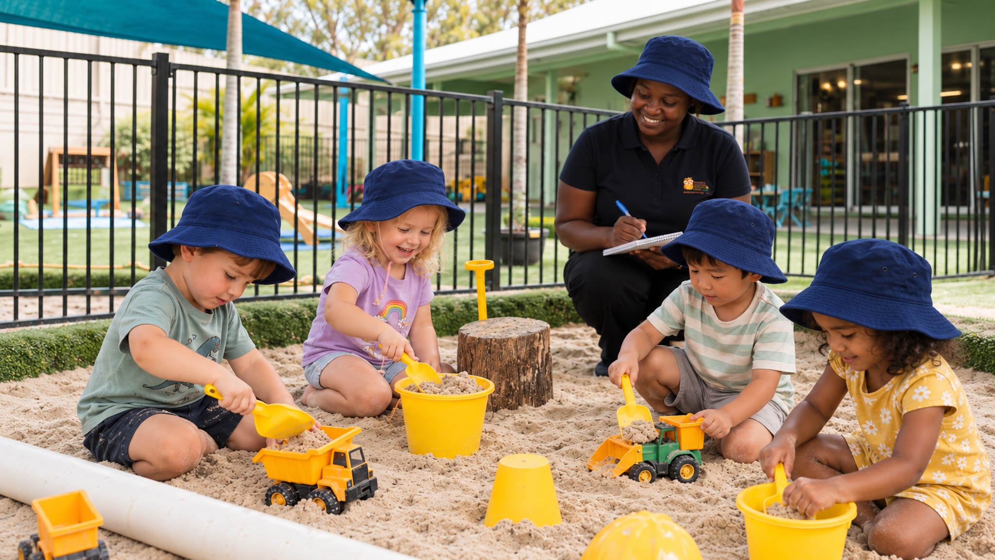 An educator and children exploring new activities outdoors