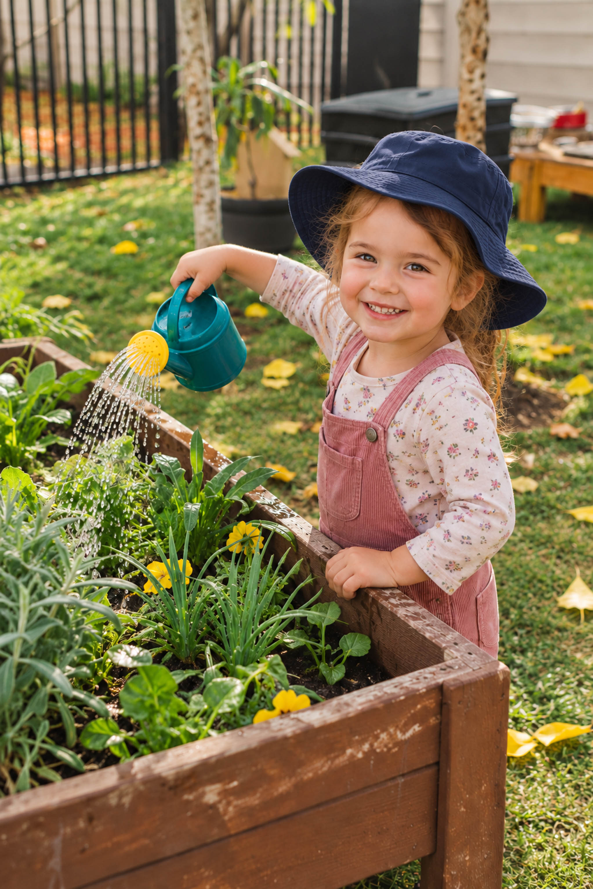 A child caring for plants in the centre garden