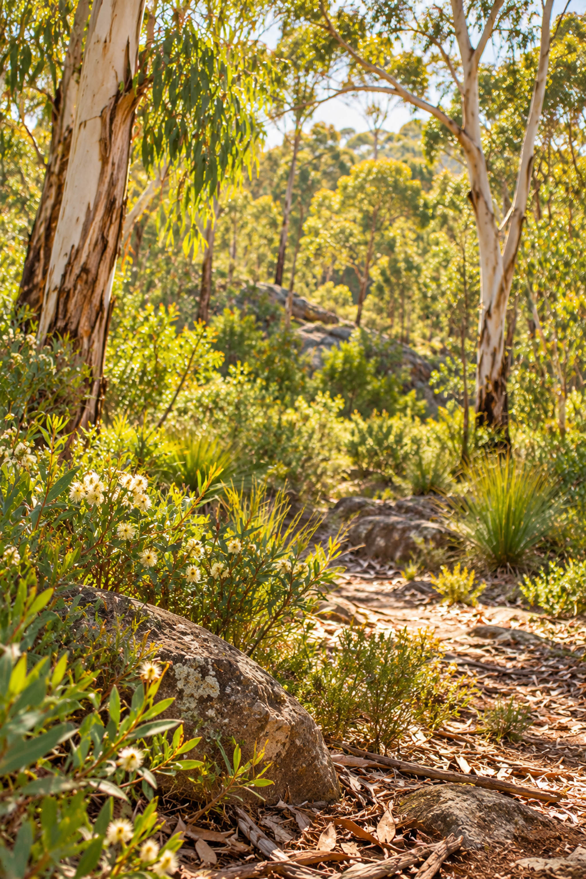 Sunlight falling across a peaceful eucalyptus woodland