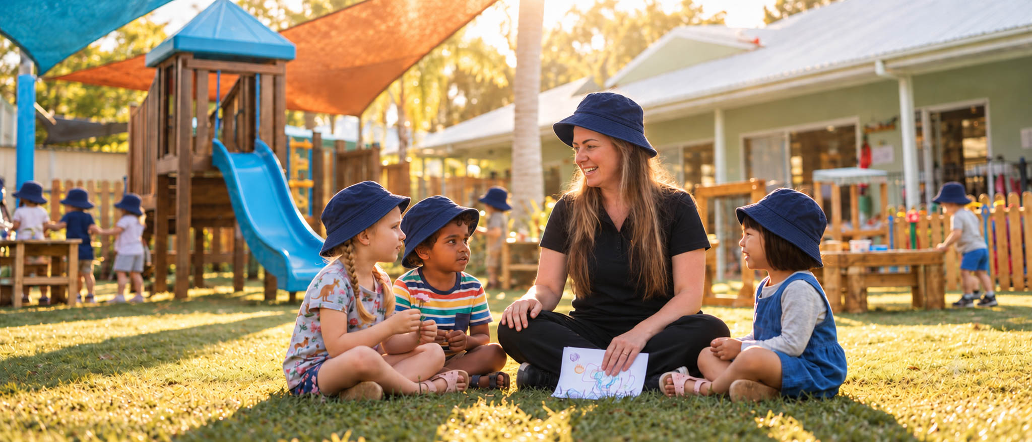 An educator and children spending time together in the garden